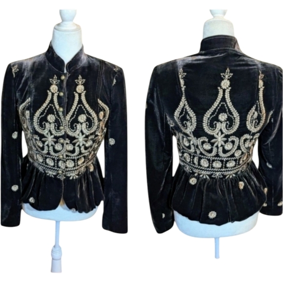 People Like Frank Jackets & Blazers - People Like Frank Anthropologie Brown Peplem Velvet Blazer Gold Embroidery Sz XS